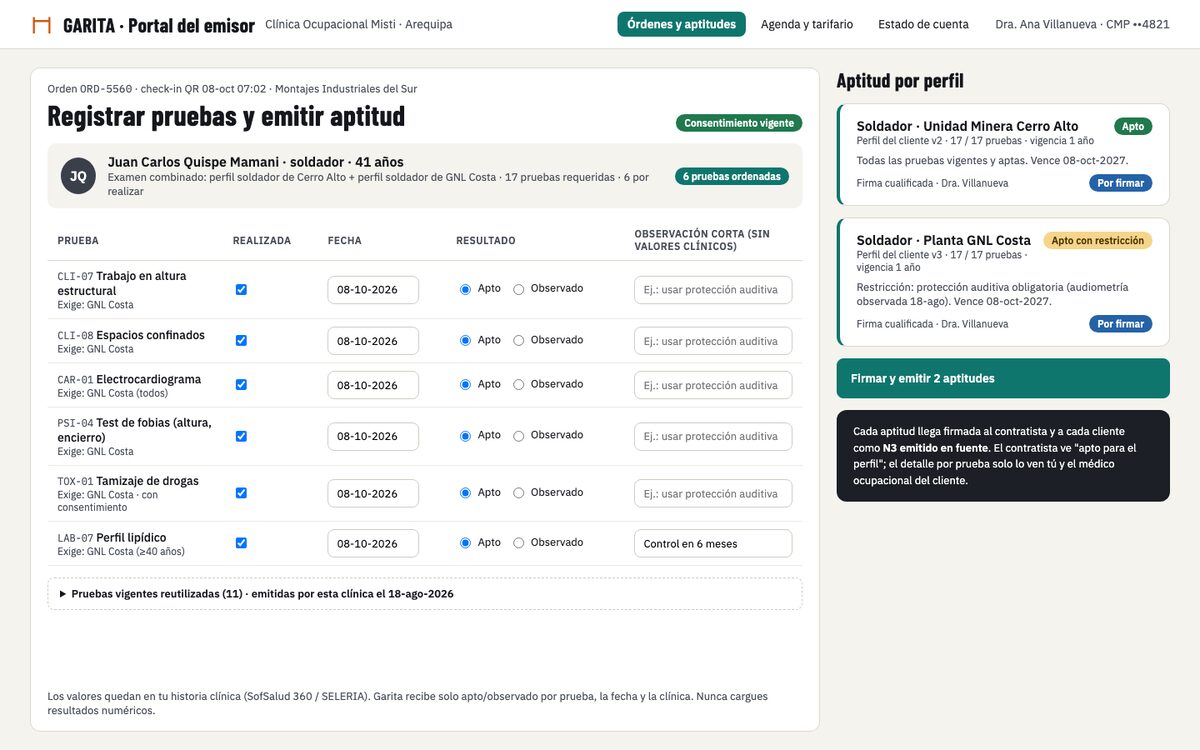 Portal de la clínica: registrar pruebas y firmar la aptitud por perfil