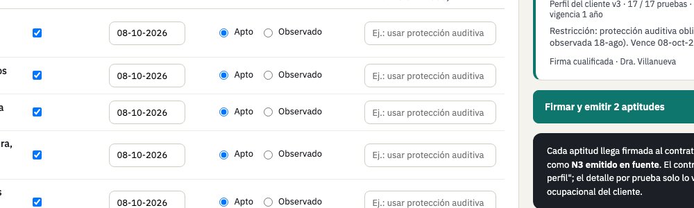 Clínica: cada prueba marcada como apta u observada con su fecha