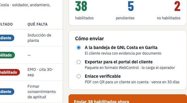 Solicitud de acceso: 38 habilitados, 5 pendientes, 2 no habilitados; opciones de envío al cliente