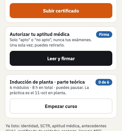 App del trabajador: subir certificado, firmar consentimiento, empezar curso